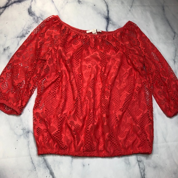 Boston Proper Coral Orange Floral Lace Mesh Blouse - Picture 8 of 8